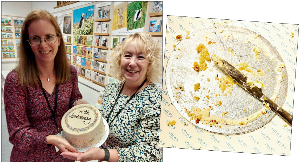 Above: Sue Morrish (left), colleague Michelle Adams and customers made short work of the cake celebrating The Eco-friendly Card Co’s 30th anniversary at Autumn Fair