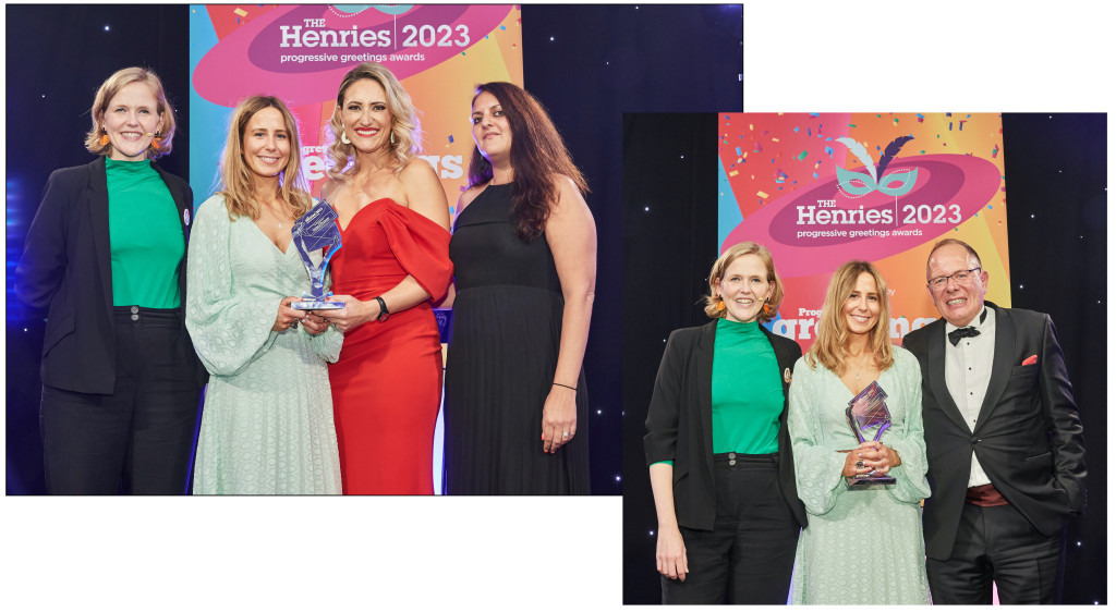 Above: Glick’s Becky Dobson and Louise Mulgrew with the giftwrap award and Soraya Gadelrab, event director of category sponsor Spring & Autumn Fair, and Louise with Bruce Podmore, owner of category sponsor Windles Group