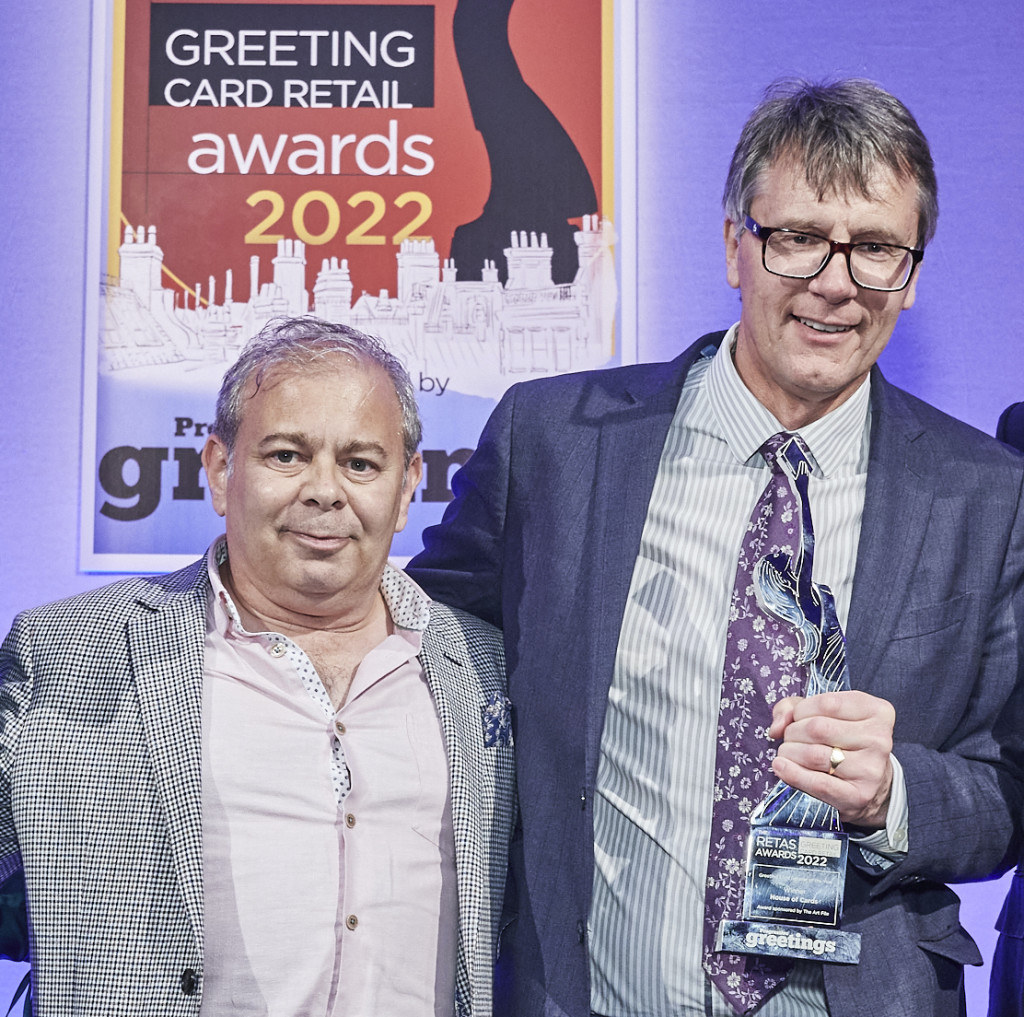 Above: House of Cards owners Miles Robinson (left) and Nigel Williamson winning greetings retailer of the year at The Retas 2022 awards event