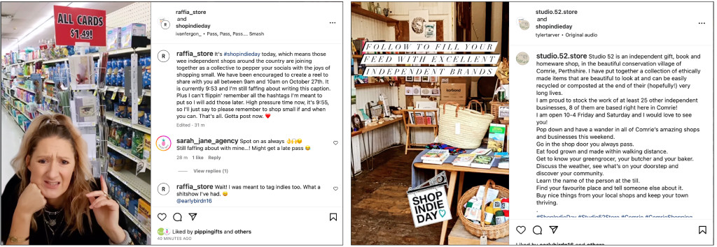 Above: Raffia’s post shows how indies are “smashing it”, and Studio 52 encourages the public to get to know their retailing community