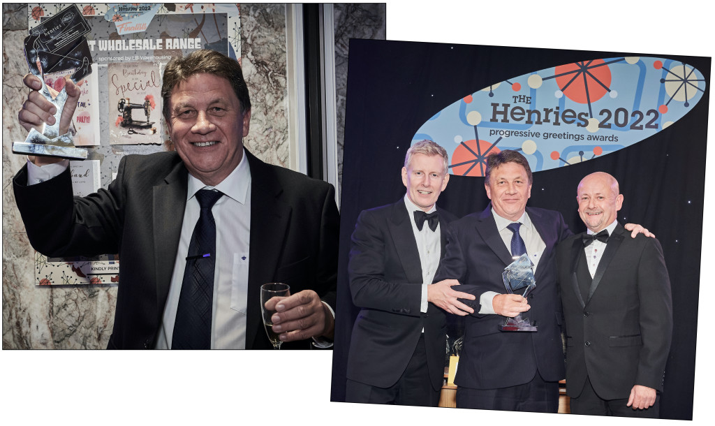 Above: A very happy John Partridge with The Henries 2022 Award seeing Camilla & Rose in the Henry Cole Classic Hall Of Fame, and collecting the trophy from category sponsor John Skeet, of Skeet Print, with host Patrick Kielty