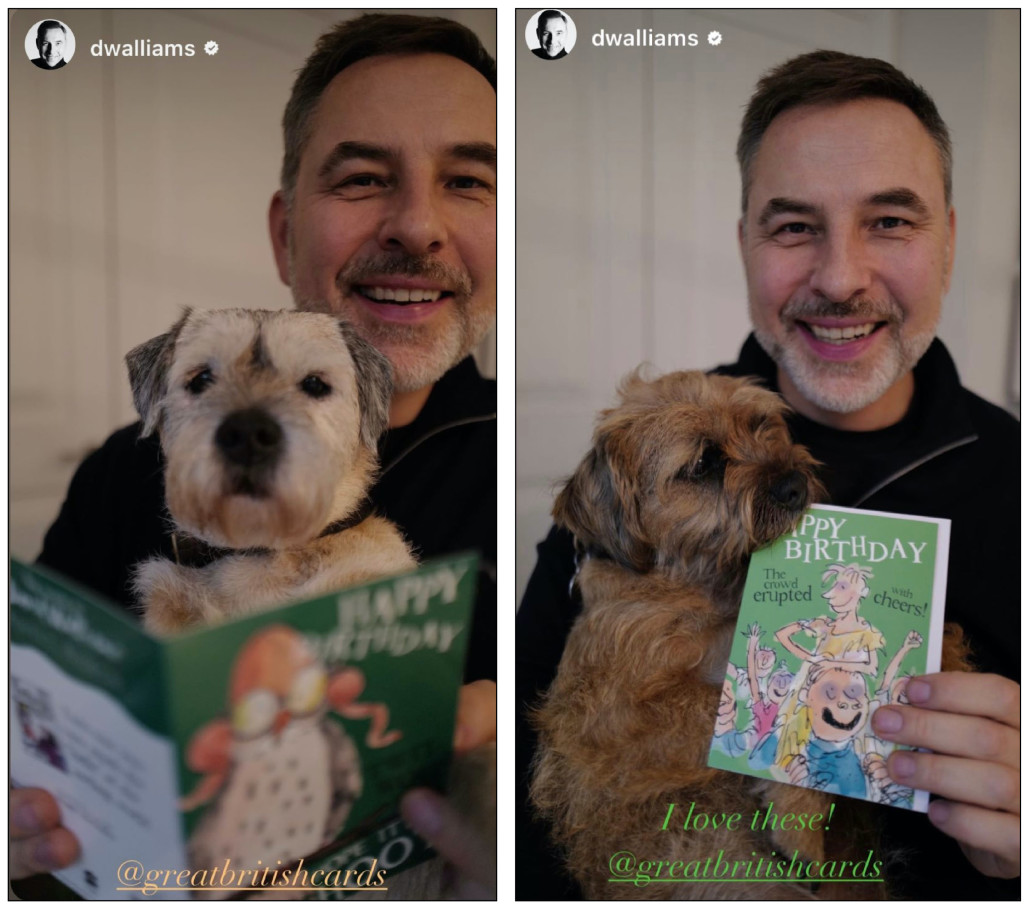 Above: David Walliams told his 2m Instagram followers he loves GBCC’s cards