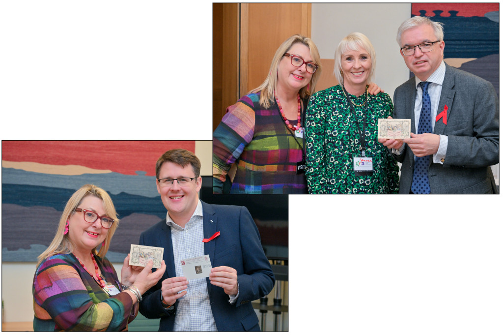 Above: David Linden, MP for East Glasgow with an original Penny Black stamp while PG’s Jakki Brown holds the first-ever Christmas card that was introduced in 1843, and Mark Menzies with the 180-year-old Sir Henry Cole card with Paper Salad’s Karen Wilson (centre) and PG’s Jakki Brown