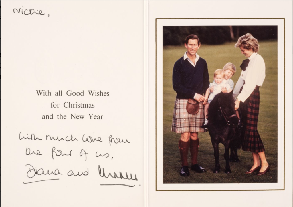 Above: Princes William and Harry join Charles and Diana for this 1985 official Christmas card, also sent to Nickie, and up for £400-£600 as lot 261