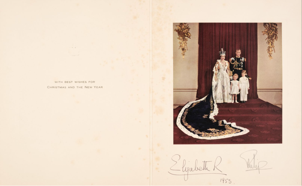 Above: The coronation year Christmas missive from Elizabeth II went for £1,600