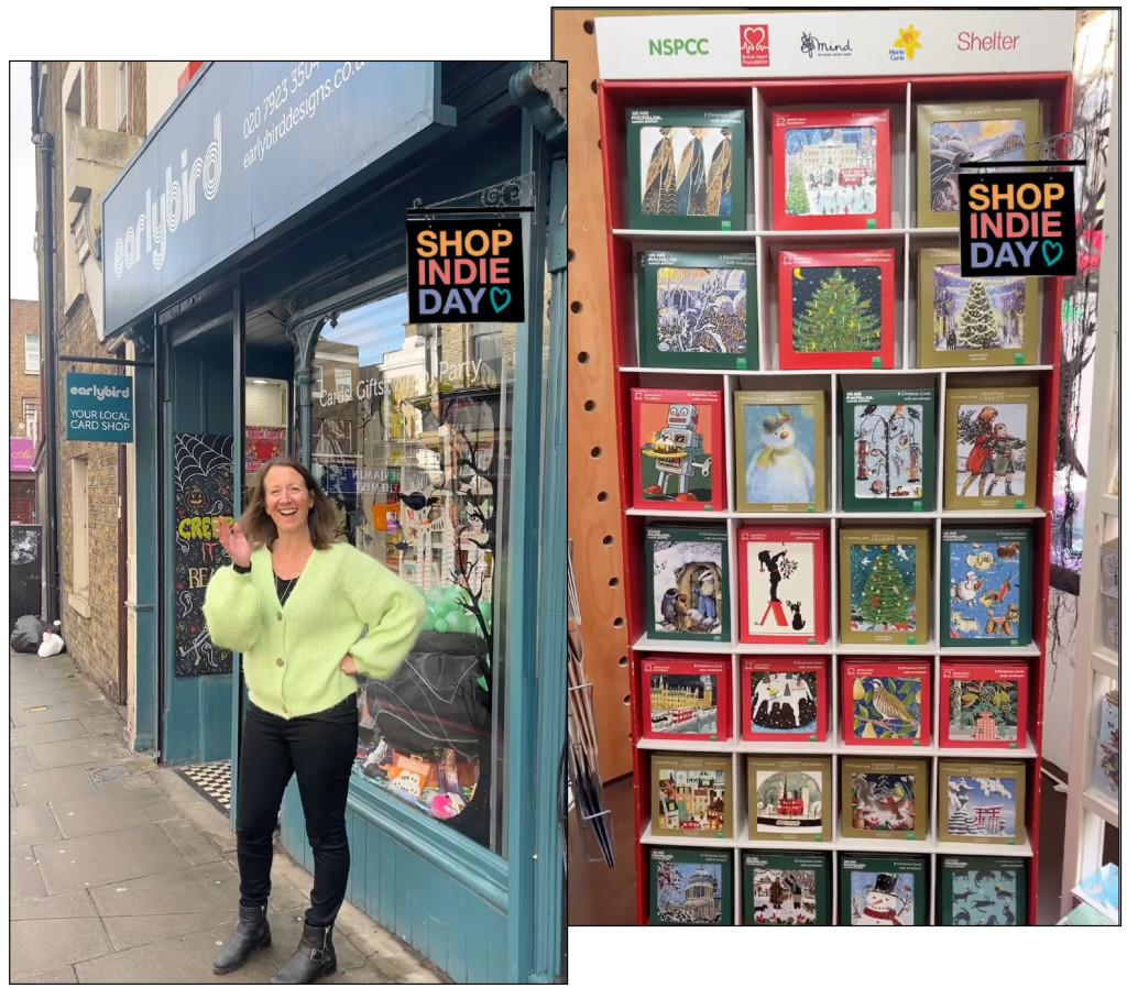 Above: Heidi Early outside her shop and some of the Christmas cards on offer inside