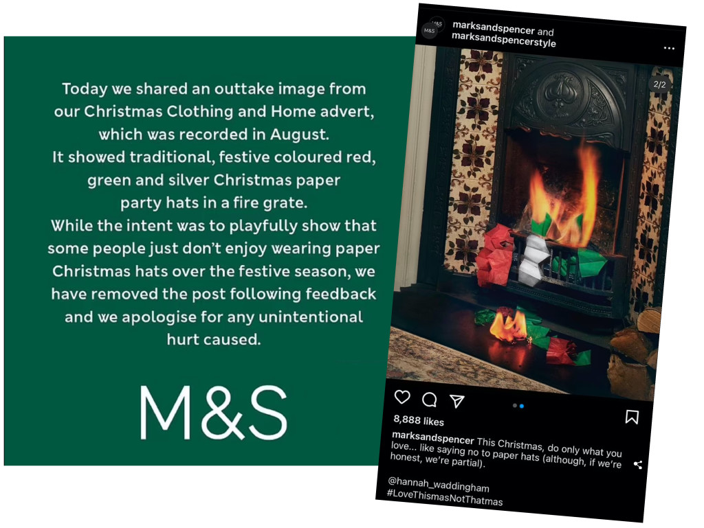 Above: The outtake image of burning paper crowns that’s been removed, and the M&S apology
