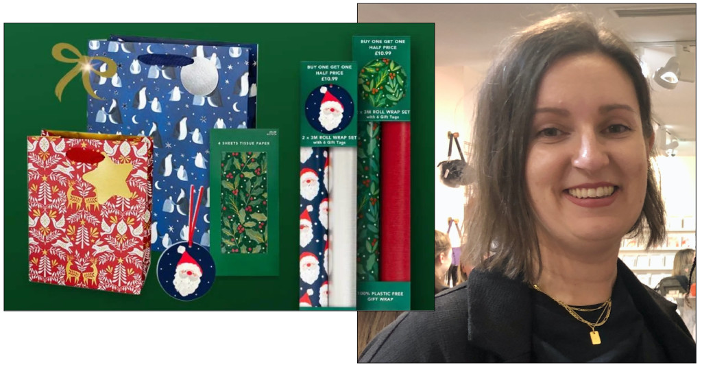 Above: Hazel Walker feels there will be an upturn in Christmas card sending, and Waterstones’ plastic-free roll wrap is being promoted on its website as well as in-store