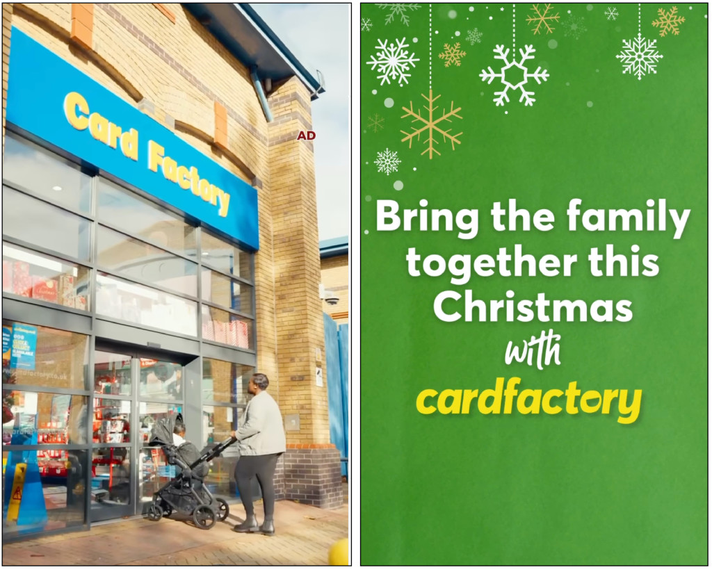 Above: A still from a little advert on social media, and just one of the messages Cardfactory is using to promote Christmas sales