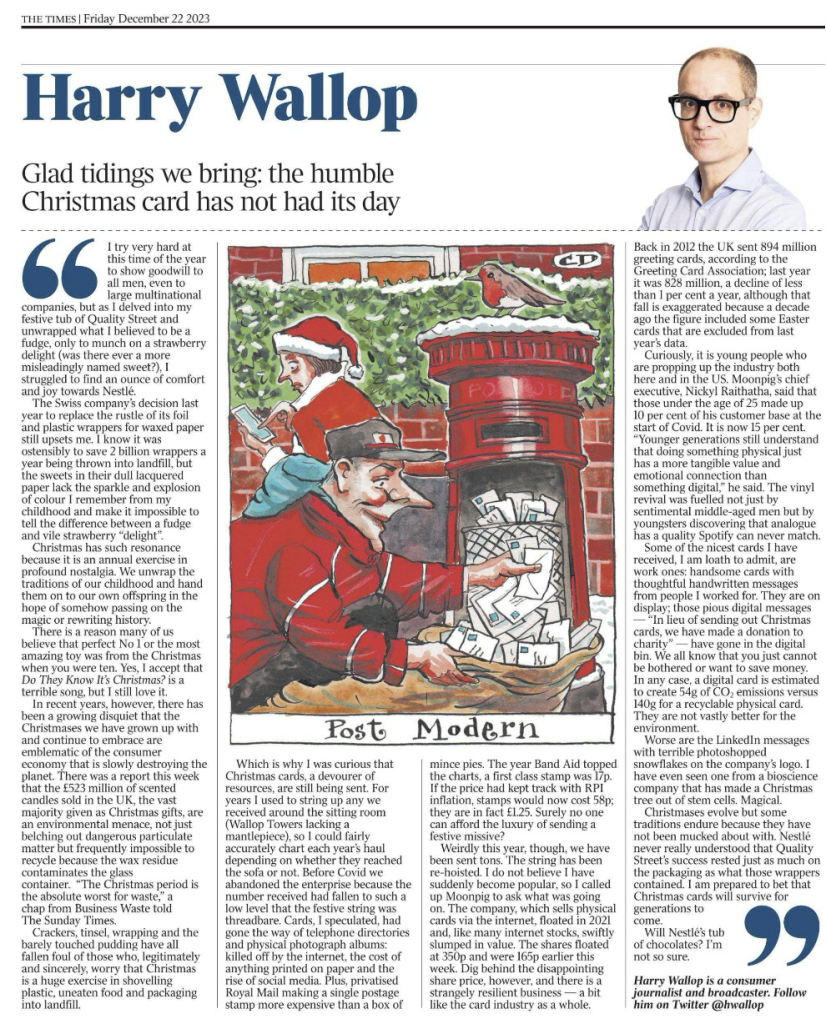 Above: Harry Wallop’s greetings industry-boosting article in today’s Times newspaper