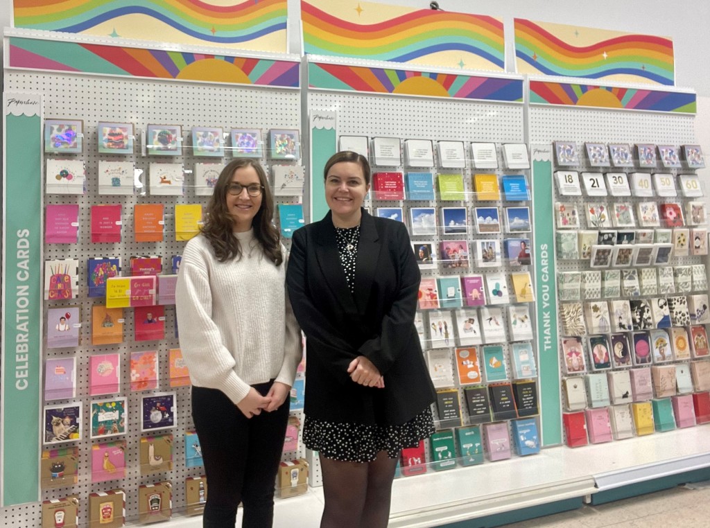Above: Tesco’s Sam Ody (right) and Gemma Smith in front of a display of the new Paperchase product selection