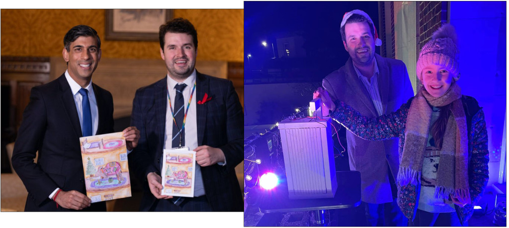 Above: A Christmas card comp found Elliott Coleman’s 2023 design, which he presented to Rishi Sunak (left) – and winner May helped him switch on Wallington’s festive lights 