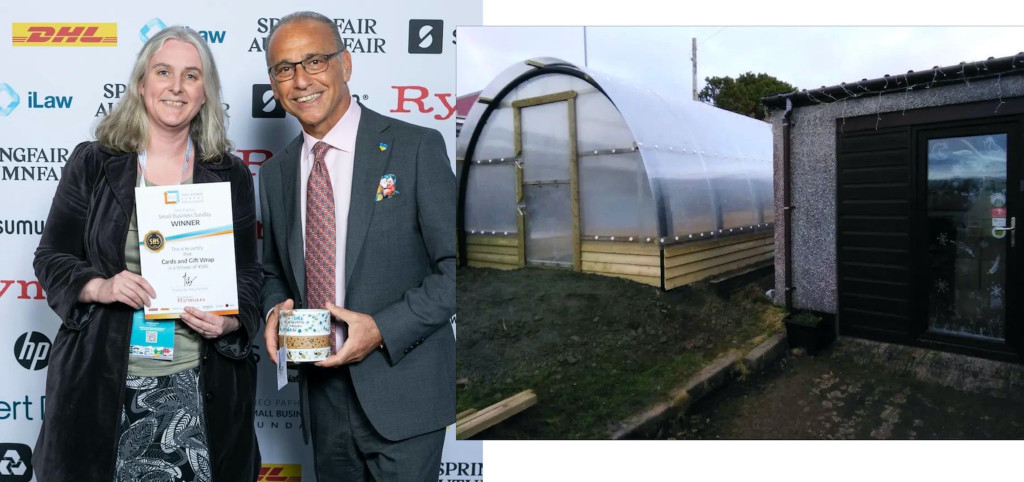 Above: Janet Ross-Jordan with Theo Paphitis – and the polycrub that caused a power cut