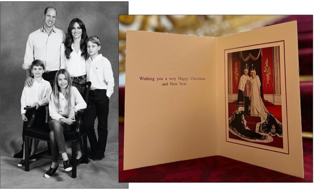 Above & top: A family portrait for the Wales’ and a shot from the King and Queen’s coronation are the royal Christmas cards for 2023 (Images: Instagram @theroyalfamily & @princeandprincessofwales)