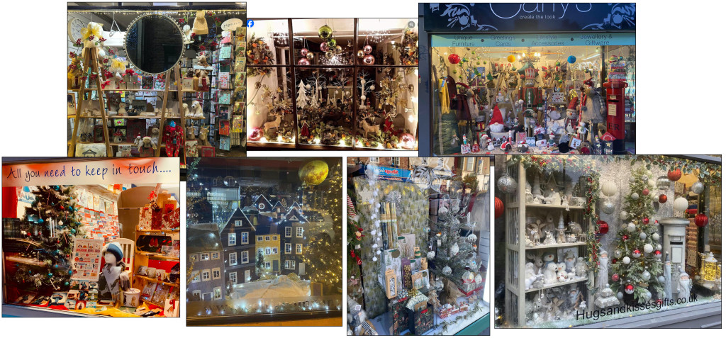 Above: Plenty of entries for Glick’s window comp – clockwise from top left, Bluebird’s Nest, Chapel En Le Frith; Blue Poppy, Appleby; Carly’s, Solihull. Hugs & Kisses, Tettenhall; Expressions, Broadstairs; Celtic Company, Welshpool; and Conway Cards, Garstang