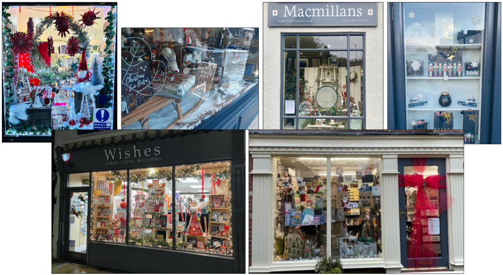 Above: The creativity continues in the Glick contest – clockwise from top left, The Little Gift Shop which won Beith’s best-dress Christmas window title; Wild Strawberry, Uppermill; Macmillans, Penwortham; Something Special, Widnes; Magpie Cards, Nantwich; and Wishes of Cockermouth