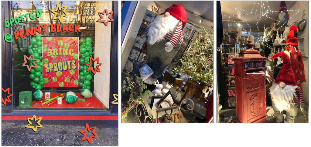 Above: Penny Black went for humour in Glasgow (left) with a giant Cath Tate Cards Christmas Hot Foils design and the glitter-fication skills of owner Jo Marwaha, while it’s cards and gonks at MiMi in Hartley Wintney