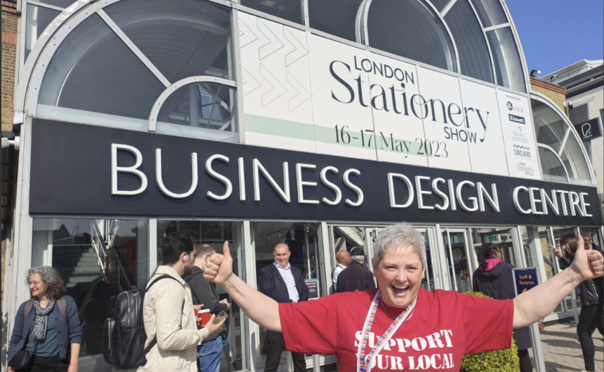 Above: Stationery Supplies’ Sarah Laker outside London Stationery Show in May 2023. Sarah is to continue to spearhead the activities for National Stationery Week 2024.