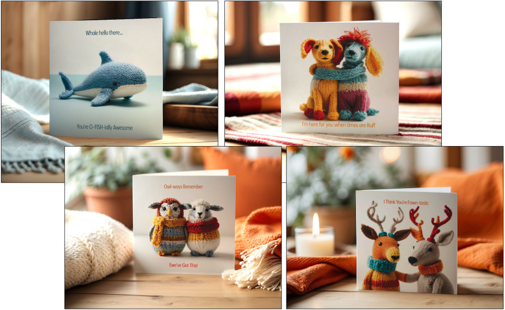 Above: Humour works with supportive and encouraging captions in the cute Woolly Wisdom collection