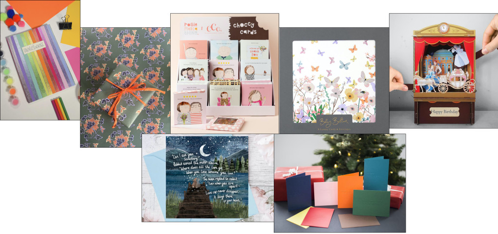 Above & top: The Cards, Wrap & Stationery shortlist includes (clockwise from top left) Wendy Jones-Blackett, Rumi London, Rosie Made A Thing, Belly Button Designs, Alljoy Design, Dotty About Braille and Fox Under The Moon