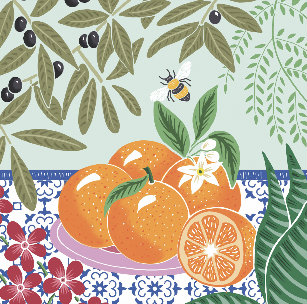 Above: Kate Heiss’ oranges design echoes the Zest For Life trend predicted by Jehane Boden Spiers, founder of the Jehane artists and licensing company