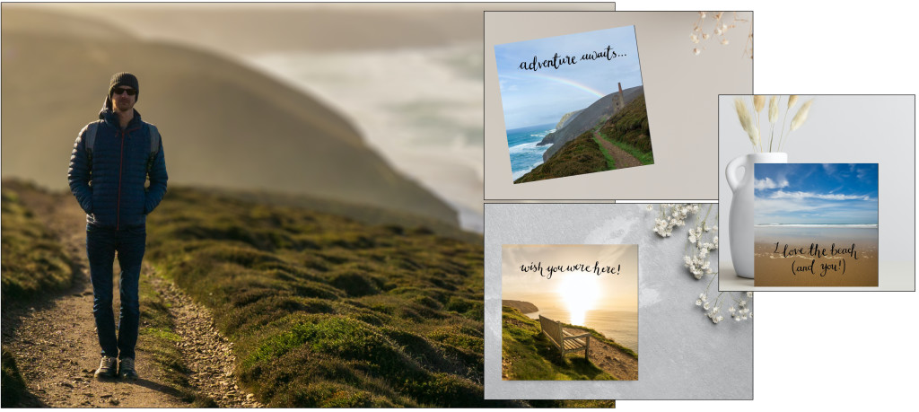 Above: Cousin Adam in the dramatic landscape he photographs, and new Message In A Bottle cards