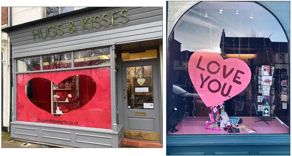Above: Tettenhall’s Hugs & Kisses definitely has a big heart, while there’s a special love behind Fire & File’s display in Llanidloes as owner Yvonne has dedicated her window to her daughter Cari – whose name is Welsh for love