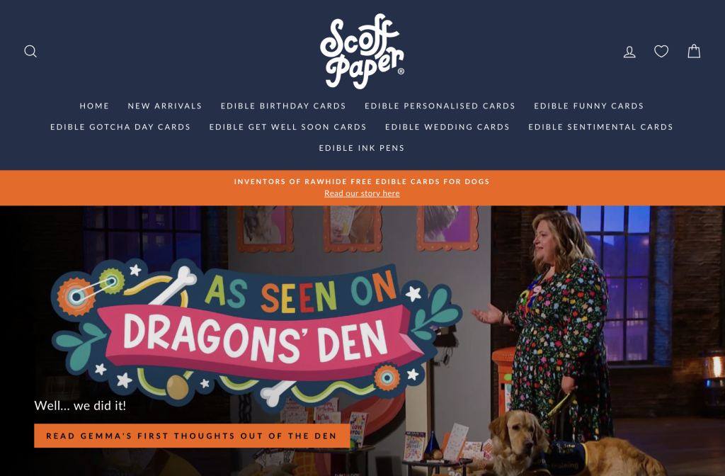 Above: Scoff Paper’s website already features the successful Dragons’ Den pitch