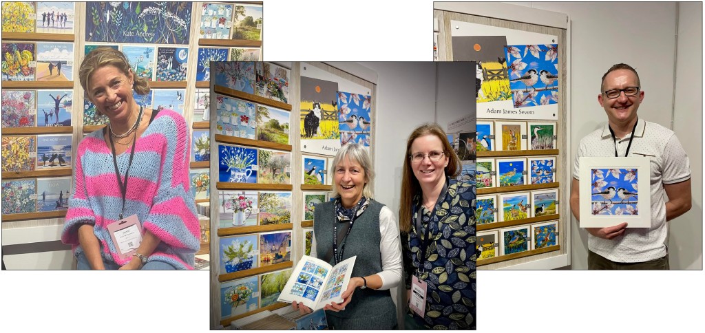 Above: Eco-friendly Card Co’s Sue Morrish (centre right) with artist Claire Henley at Spring Fair, and Becky Bettesworth and Adam James Severn also visited