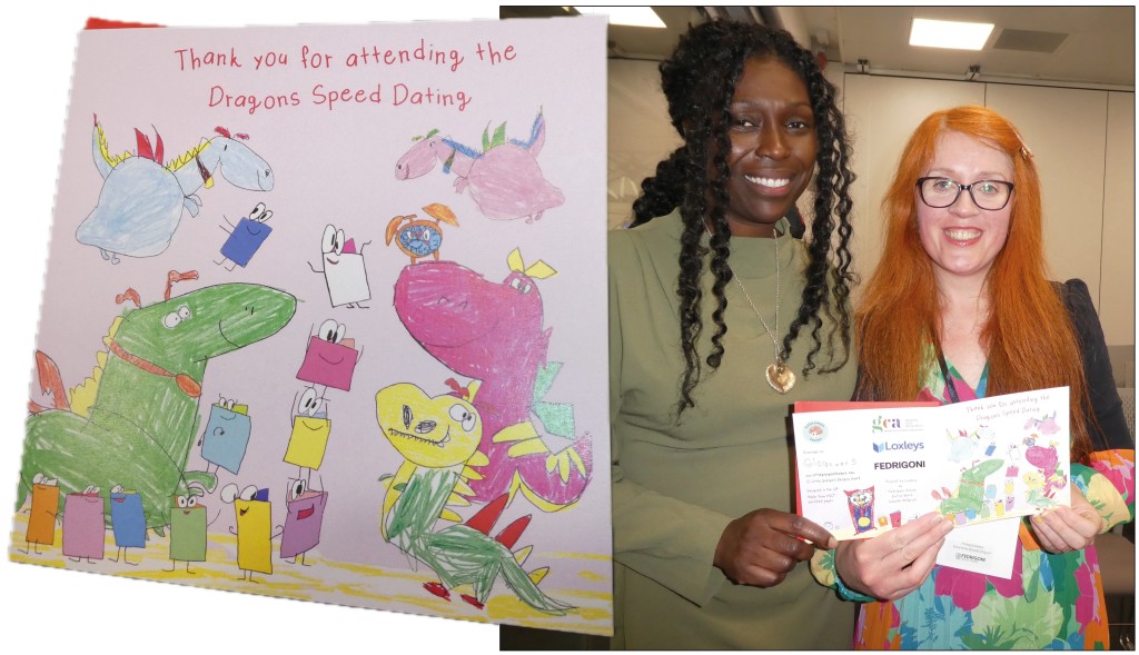 Above: Adriana Lovesy with Yvonne Caddell, founder of Little Giorgo’s Designs, with a special card given to all attendees and Dragons. The card, produced by Loxleys on board supplied by Fedrigoni, who both sponsored the event, featured dragon drawings by Yvonne’s young son Giorgi.