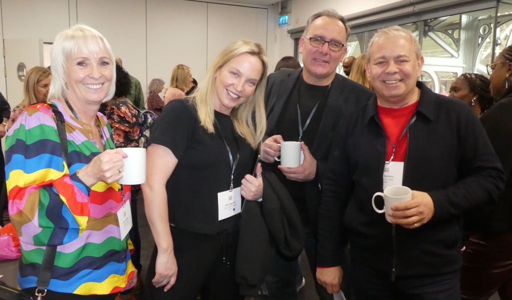 Above: (From left) Paper Salad’s Karen Wilson living up to the publisher’s bright colours usp with Say it With Songs’ Ellie Fitzgerald and Paul Fields, and House of Cards’ Miles Robinson during the coffee break