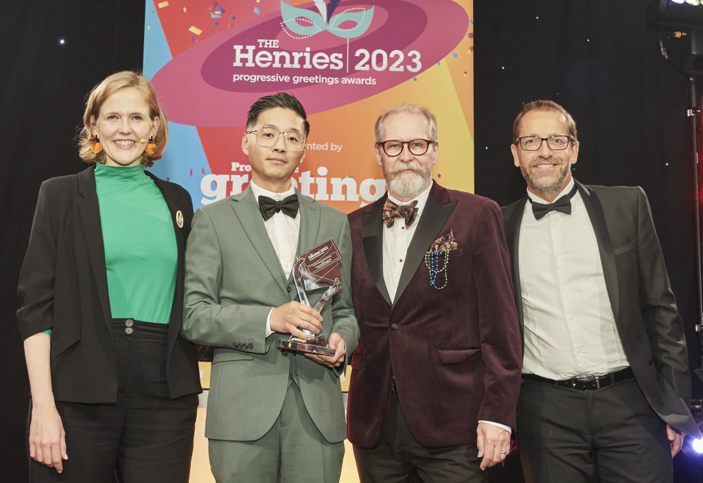 Above: Simon Woolridge (far right), divisional sales manager of EBB, presented the Best Handmade, Hand-finished, 3D Or Pop-Up trophy to Alljoy Design director Lingxiao Ji and agent Richard Pass at The Henries 2023 last October.