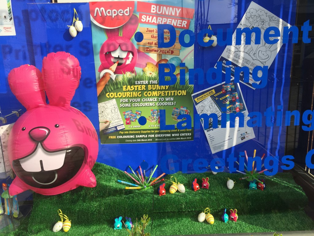 Above: There was a rabbit of a different sort taking over the window at Stationery Supplies in Marple, where indie retailer Sarah Laker has a special Easter Bunny colouring competition. Helped by supplier Maped Helix, Sarah featured the stationery company’s kids’ favourite bunny sharpener.