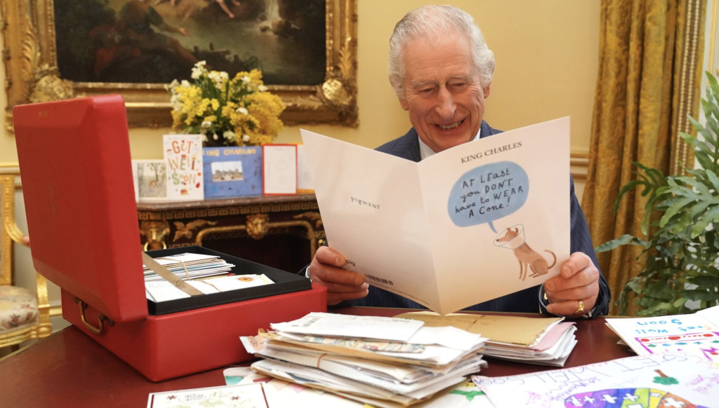 Above: King Charles shows his appreciation for greeting cards and one Pigment design in particular