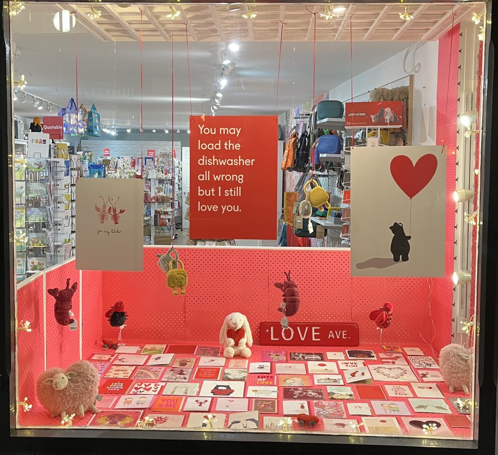 Above: Red Card’s Valentine’s window made a feature of Ohh Deer’s dishwasher loading joke 