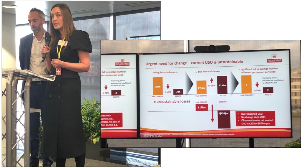 Above: Royal Mail’s Jenny Hall and Matt Newman said the average person now receives two letters a week, whereas in 2004/2005 it was seven, delivered to 4million more addresses, saying the USO needs to change to stop RM’s losses increasing