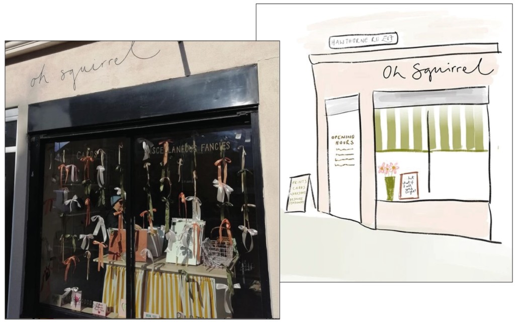 Above: Katie’s original scribble of how she wanted her store to look, and the real thing (image: @sciencechick83) 