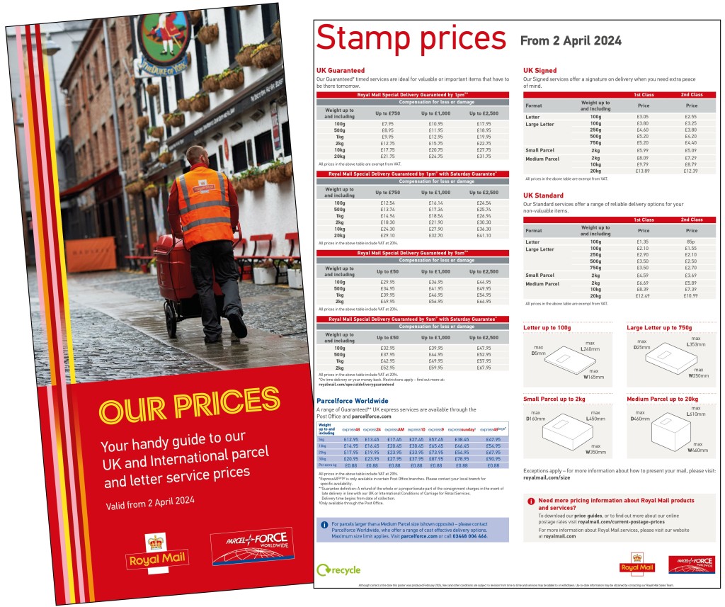 Above: The full list of stamp price rises was released this morning