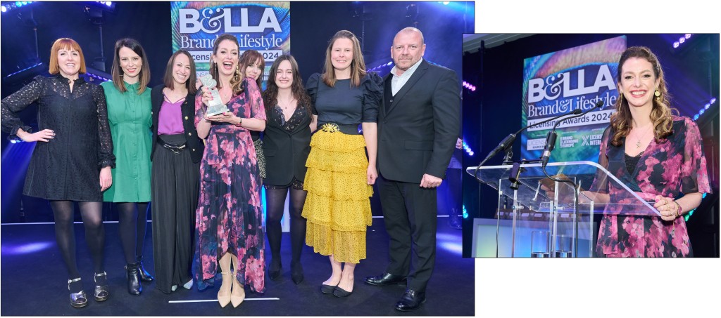 Above: A very happy Sara Miller brandishing her B&LLAs trophy with members of her team, host Cally Beaton (far left) and Ian Woods of Seminal, sponsor of the Best Licensed Fashion Or Talent Brand category