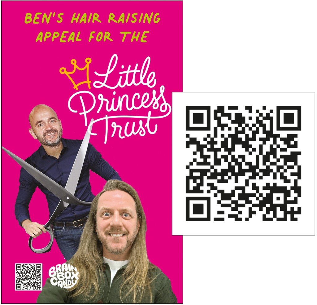 Above: Business partner Mark Williams is supporting Ben’s shear genius fundraising all the way - and you can donate using the qr code