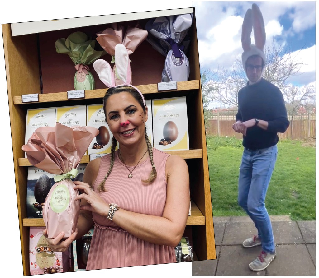 Above: It was a hoppy Easter for Bewilderbeest’s chief nitwit Iain Hamilton as he added even more to his 6’8” height with bunny ears in a daft Facebook post, while Just Cards’ co-owner Amanda Buttriss was the boss of all Easter bunnies collecting her eggs haul in St Ives