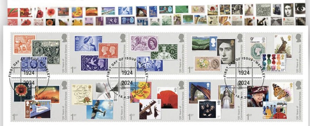 Above: Presentation packs are available for 100 Years Of Commemorative Stamps