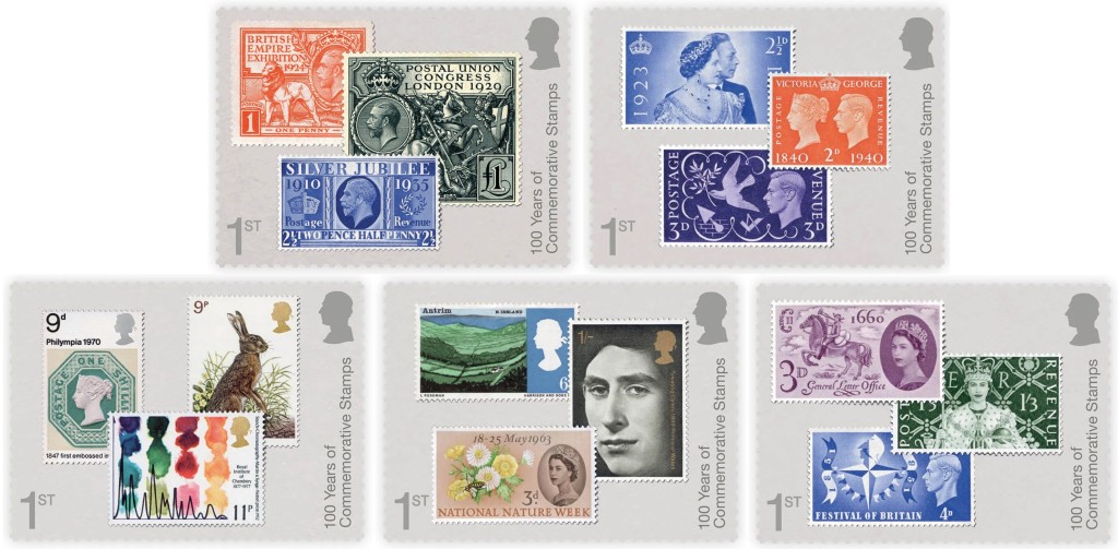 Above: The first commemorative stamp from 1924, top left, is part of the Silver Jubilee set