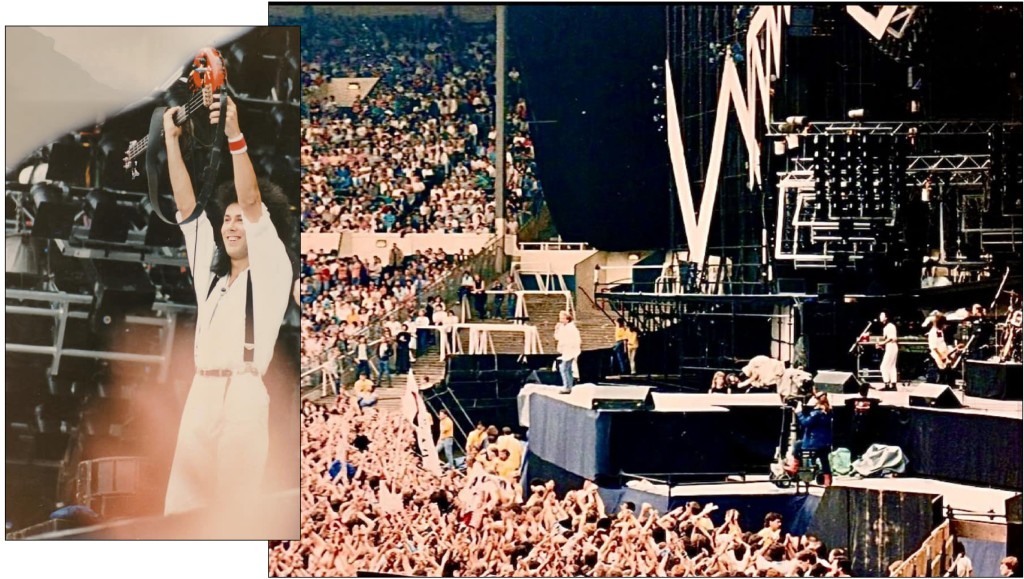 Above & top: Eddie on stage (in white far right) supporting Queen in 1986