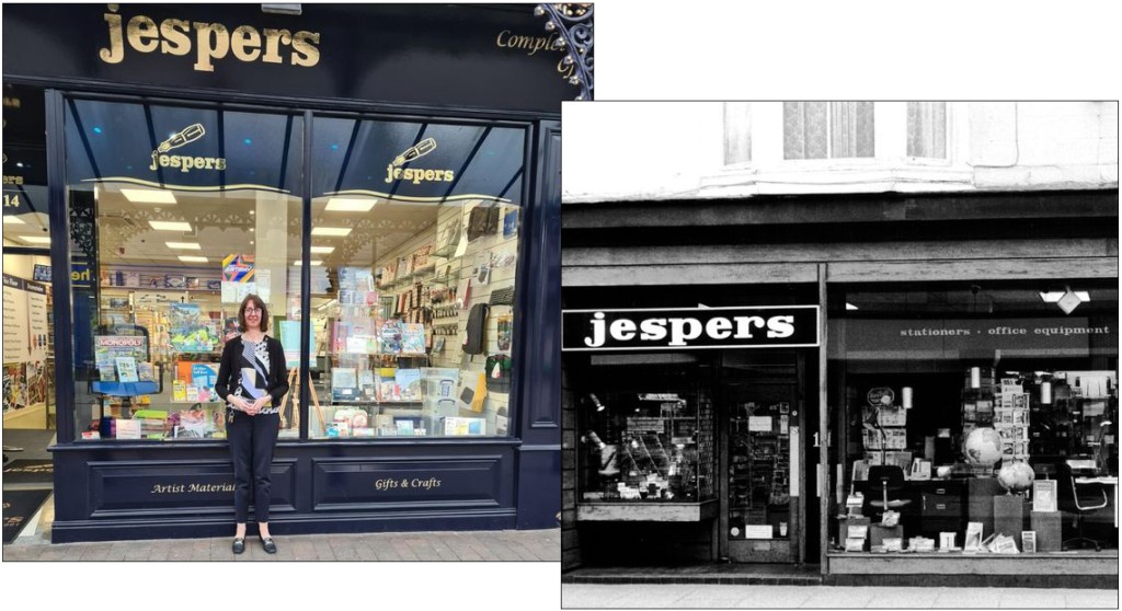 Above: Lynn outside Jespers last week and the store in the early 1990s