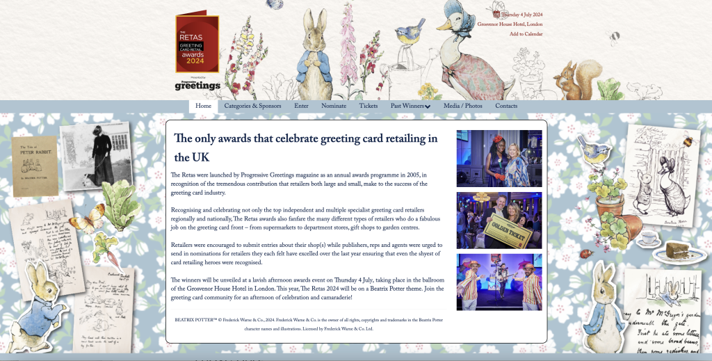 Above & top: The Retas 2024 will take on a World Of Peter Rabbit theme, with the home page of the website including some of Beatrix Potter’s early greeting cards