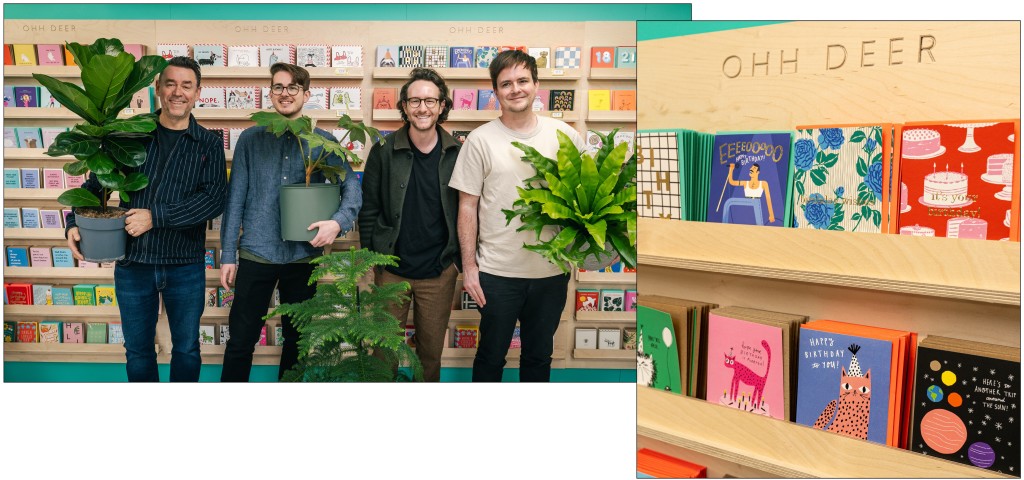 Above & top: (right-left) Ohh Deer’s Mark Callaby, Jamie Mitchell, Harry Ferrin and agent Reg Shaw, who was the first port of call when Yarnton’s Celia had the idea for the new department with the fixtures, created by Mayhees Ways founder Piyush Prince, featuring the publisher’s branding
