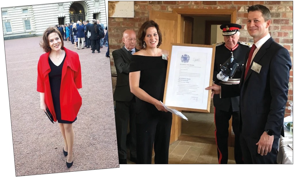 Above: Collecting the Queen’s Award in 2019 from the Lord Lieutenant, and Hannah at Buckingham Palace